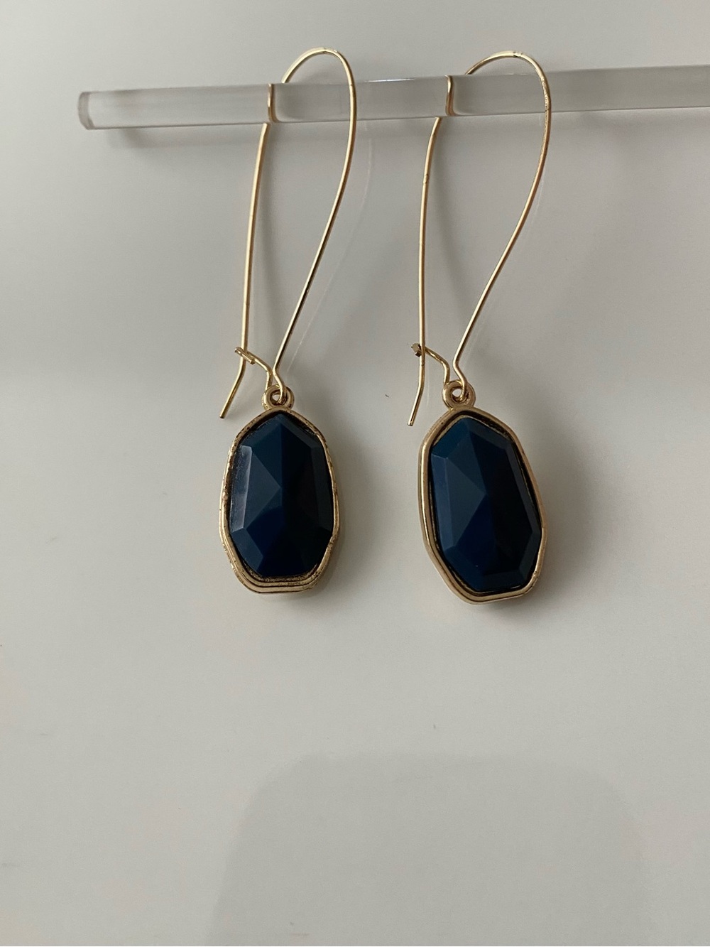 Gold Drop Earrings with Dark Blue Faceted Stones